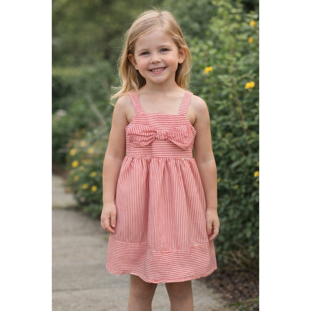 Toughskins Girls Red White Striped Bow Front Sundress 4T Cotton Summer Dress